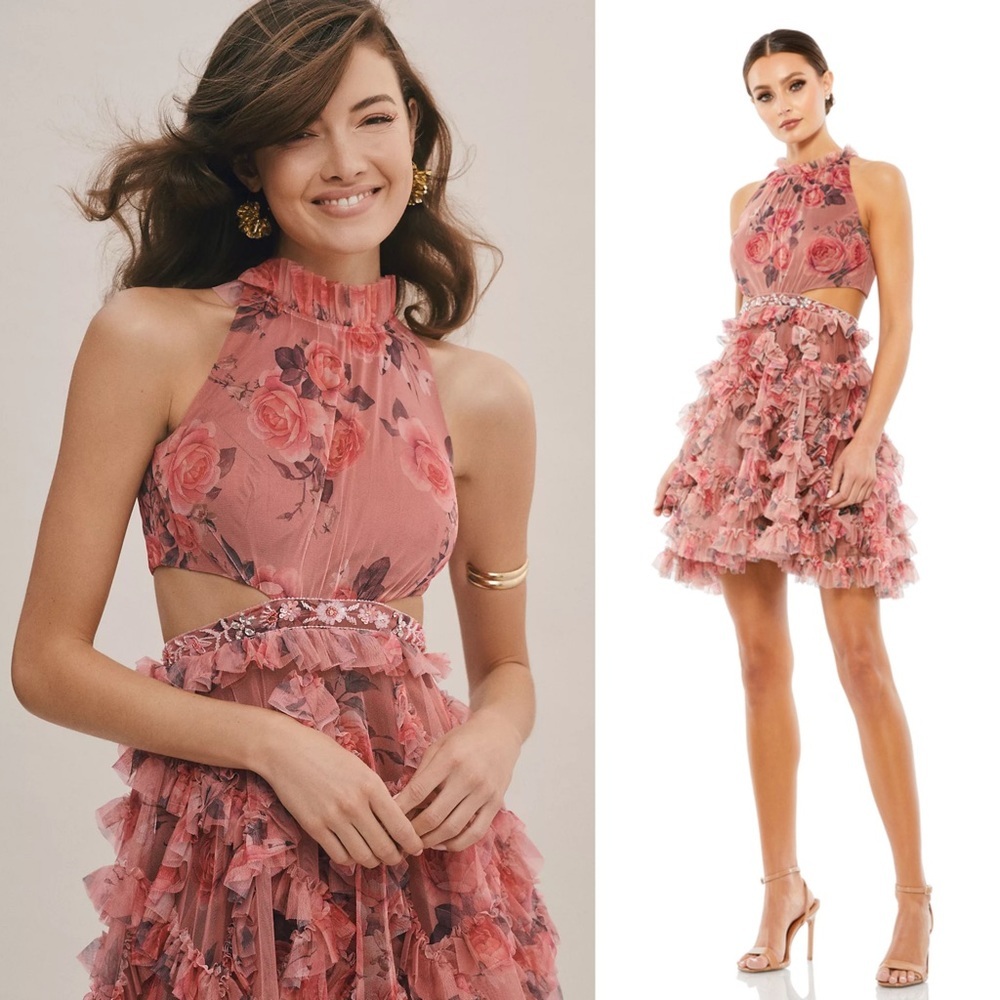NWT MAC DUGGAL Floral Ruffle Tulle Sleeveless Beaded Cutout Waist Halter Dress 6 - Picture 3 of 9